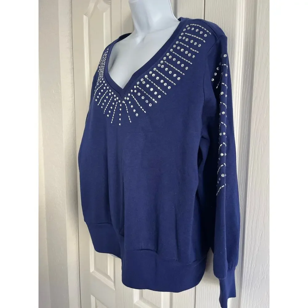 INC International Concepts Navy Rhinestone Embellished V-Neck Sweatshirt Top 1X